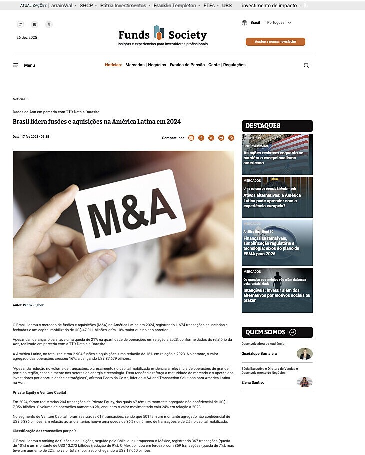 Brasil lidera fus�es e aquisi��es na Am�rica Latina em 2024